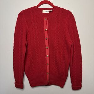 Aston Sweater Womens Medium Red Wool Cardigan Cable Knit Crewneck Button Vintage